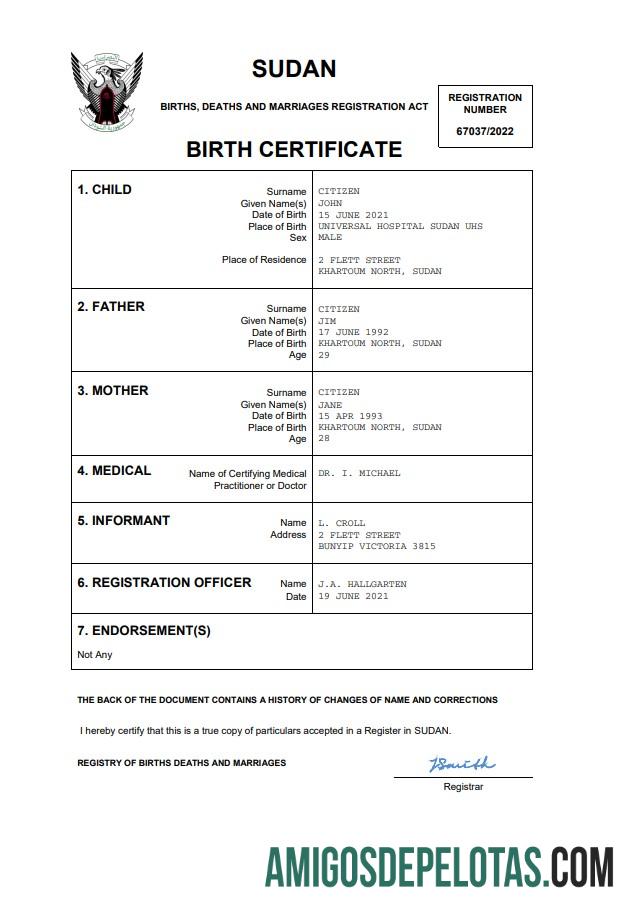 Para baixar modelo Word e PDF de certidão de nascimento do Sudão